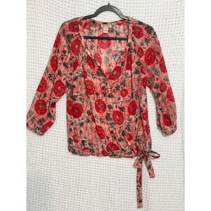 Lucky Brand Floral Print Blouse Women's M Red‎ 3/4 Sleeve Tie Waist